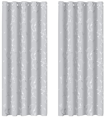 BUHUA Verdunkelungsgardinen mit Ösen, Thermo Gardinen Blickdicht Vorhänge, Verdunkelungsvorhänge Weinstock Muster Wohnzimmer, 2er Set H 229 x B 168 cm, Grau Weiß