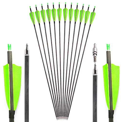ZSHJGJR 12 Stück 33 Zoll Carbonpfeile Bogenpfeile Spine 400 mit 4'' Naturfeder und 100 Grain Pfeilspitze Bogenschießen Jagdpfeile für Recurvebogen Compound Bogen Outdoor Zielschießen (Grün)