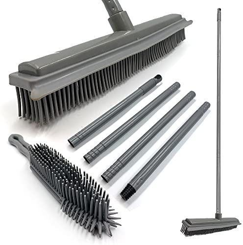 Rubber Broom and Hand Brush Set - Indoor Sweeper and Pet Hair Remover With 31cm Brush Head and 120cm 4-Section Metal Handle for Carpet