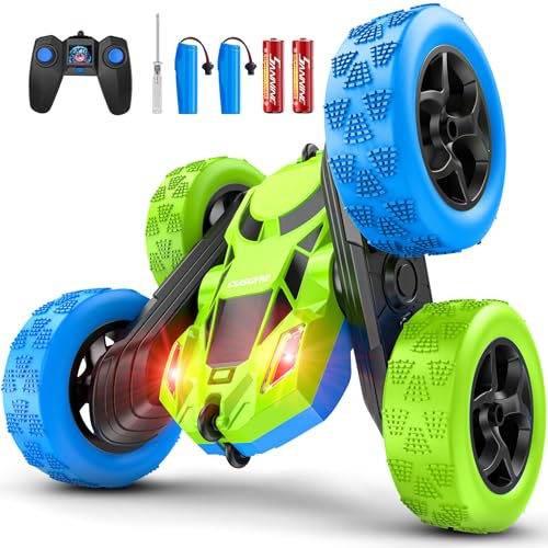 cosone Ferngesteuerte Autos, 2,4 GHz Ferngesteuertes Autospielzeug mit Scheinwerfern, Allrad Offroad Stuntauto, Doppelseitig um 360° Drehbar, Geburtstagsgeschenke für Jungen ab 6 Jahren (Blau-Grün)