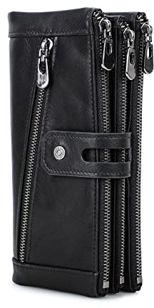 Contacts RFID Blocking Portafoglio lungo da uomo in vera pelle,con chiusura lampo multifunzion porta pochette Cellulare retro marrone scuro