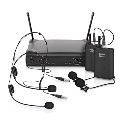SubZero Duales Funkmikrofonsystem mit Lavalier- und Headset-Mikros | Duales Drahtloses System mit Zuverlässigem Klarem Klang, Reichweite bis 50m, Freihändiges Headset, Koffer