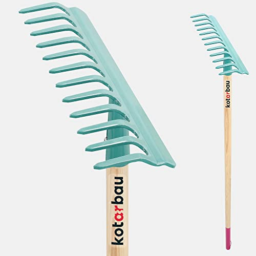KOTARBAU® Laubrechen - 32 cm - Metall Rechen für Gras & Laub - mit Holzstiel - 135 cm - Gartenrechen - Rasenrechen mit 12 Zinken - Gartenwerkzeug für Rasenpflege - Stahl - Türkis