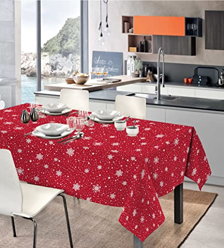 IlGruppone Tovaglia Natalizia in Cotone Rettangolare Varie Fantasie Natale Fiocchi di Neve,Gnomi Made in Italy Proteggi Tavolo Disponibili in più Misure - Fiocchi Rosso - 6Posti(140x180)