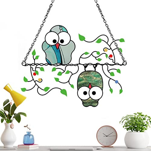 Povanjer Mehrfarbiger Eulen-Sonnenfänger | Eule gebeiztes Acryl-Sonnenfänger-Panel | Eule an einem Drahtfenster zum Aufhängen von Sonnenfängern, Vogel-Sonnenfänger für Fensterpaneele zum Aufhängen
