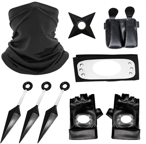 Philoctes Halloween Kostüm - Schwarzes Cosplay Kostüm, 9-teilig mit Maske, Stirnband, Tasche und Dekoration für Karneval & Maskerade
