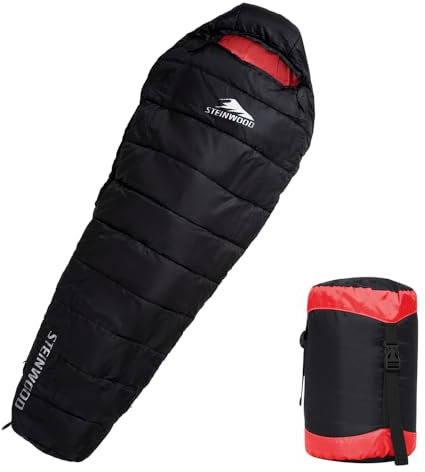 Steinwood Premium Schlafsack koppelbar extra breit 3-4 Season 210cm - Outdoorschlafsack, Mumienschlafsack, Hüttenschlafsack (3/4 Season - Schwarz/Rot - Zipper Beidseitig)