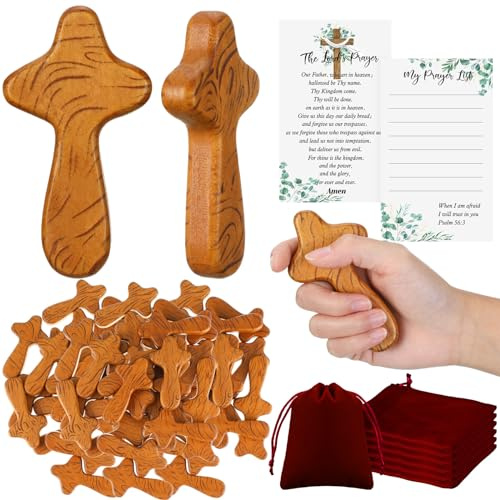 Kigley 24 Sets 4.1 Inches Wood Holding Crosses Bulk Easter Appreciation Gifts 24 Small Pocket Hand Crosses 24 Prayer Cards 24 Velour Gift Pouch for Christian Church (Eucalyptus Leaves Style)