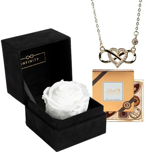 Infinity - Geschenk Set mit 1 Ewigen Rose und 925er Infinity Kette in Gold - (3 Jahre haltbare Rose mit 925er Silber Kette) - Als Geschenk verpackt