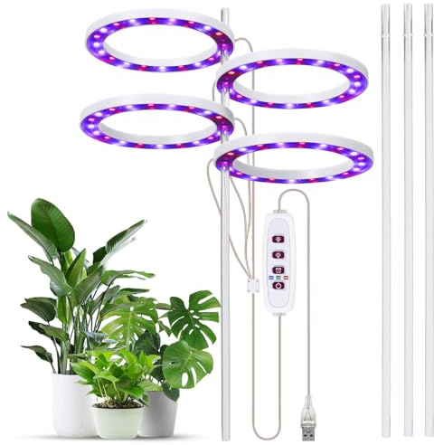 Funien Lampes de croissance pour plantes d'intérieur 6,2 W 301,7 lm 80 LED 4000 K alimentée par USB 8h/12h/16h Minuteur 5 Luminosité Dimmable Lampes de croissance pour plantes grasses/mini
