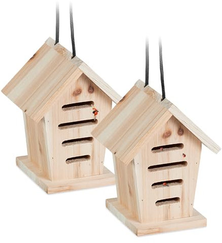 Relaxdays Casetta per Coccinelle, Set da 2 Case in Legno Grezzo da Appendere in Giardino, Hotel per Insetti, Naturale, 17.5 x 14.5 x 12 cm