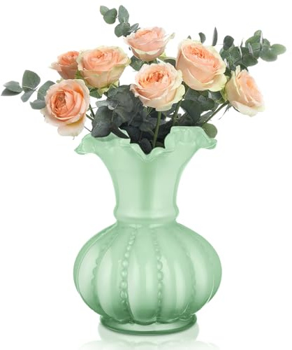 Joeyan Hand-Made Blown Green Coloured Glass Flower Vase with Wide Waved Mouth Ribbed Body Design for Office Home Decor Wedding Table Centerpiece, 20cm Thick Heavy Vintage Pedestal Vase for Living Room