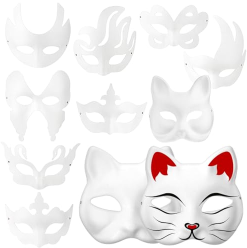 STOBOK 20 Pièces Masques De Chat Masque Blanc En Papier Mask Non-Peint De Cosplay Et Mascarade Carnaval Halloween Anniversaire Accessoire De Fête Diy Pour Adultes