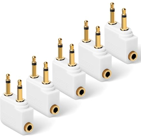 AXFEE Airplane Flight Headphone Adapter, 5 Pack Gold Plated 3.5mm for Headphones, Earphone Socket Adaptor, Stereo Aux Jack, White