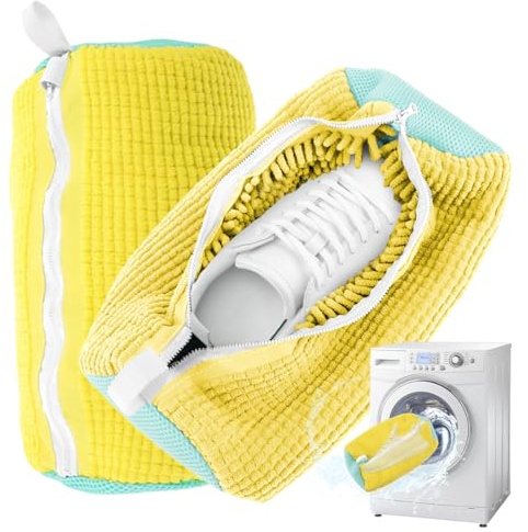 Schuhwaschbeutel Waschmaschine, 2 Stück Sneaker Waschbeutel, Waschbeutel Wäschesack Schuhe Sneaker, Multi Schutz mit 360°-Reinigungsflaum, Schuh Waschbeutel für Waschmaschine (Gelb)