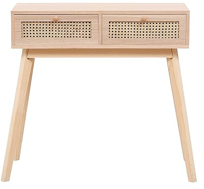 Table console moderne en rotin avec 2 tiroirs pour couloir, chambre à coucher, bureau (cadre naturel) élégante table de rangement et bureau