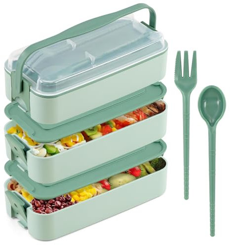GEEZY 3 Layer Lunch Box with Spoon and Fork BPA Free Bento Lunch Box for Kids & Adults 1260ml 3 Pcs Compartment Food Storage Box Adult Lunch Box