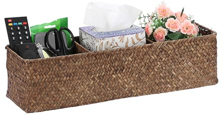 IGNPION 3-Compartment Seagrass Storage Basket, Coffee