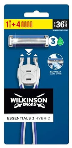 Wilkinson Sword - Rasoio monouso Extra 3 Essentials Hybrid - Rasoio a 3 lame da uomo - Confezione da 1 rasoio + 4 caricatori