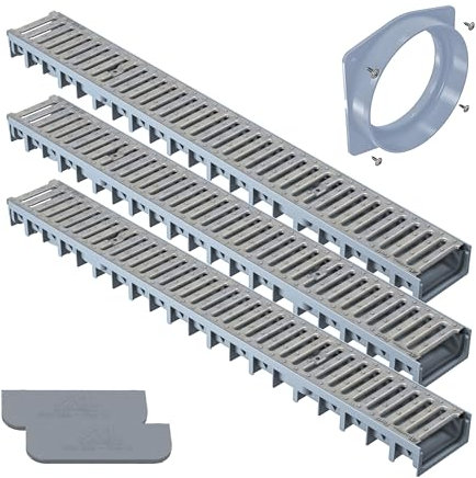 AxHeLL Regentwässerungsrinne mit Schlitzgitter aus verzinktem Stahl, grau, für Entwässerung von Garagen, Gärten, Terrassen, 1 m x 120 mm x 54,5 mm, 3 Stück