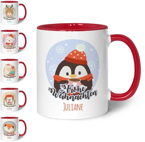 GRAVURZEILE Bedruckte Weihnachtstasse - Weihnachtstiere - Personalisiert mit Name - Frohe Weihnachten - Weihnachtsdeko - Geschenk für jungen und Mädchen zu Weihnachten - Rot