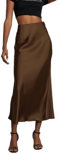 OLIPHEE Gonna Donna Lunga Raso Elegante Maxi Gonne da Donna Solida Colore Elastica Vita Alta A-Line Skirt in Satin Casual Vestiti Vacanza Business caffè XS