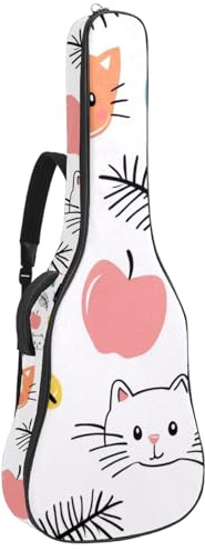 KengjuTesu 43 Zoll Akustikgitarre Softcase mit Rucksackgurt und 2 Taschen Cartoon Katzen Gesicht Früchte Keine Polsterung Rucksack Wasserdicht Oxford Tuch Bassgitarre Gigbag für Konzertgitarren,