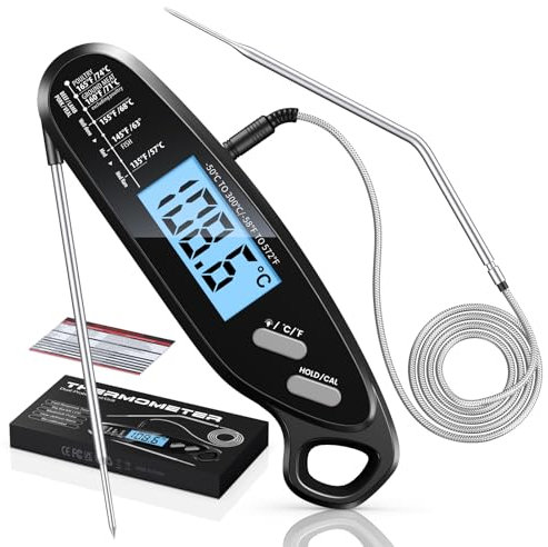 Babacom Fleischthermometer Sofortanzeige mit zwei Sonden & großem Bildschirm, Bratenthermometer mit Alarmeinstellung und Kalibrierung, Weinthermometer für Küche, Ofen, Zucker, Flüssigkeiten, BBQ