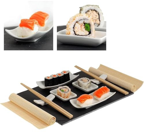 Enevnzo - Piatti per sushi e da portata, in bambù, bacchette, ciotole per salse per principianti cuochi, 11 pezzi, stile giapponese Envenzo