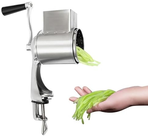 Rallador de queso de acero inoxidable manual con 5 cuchillas de tambor, rallador giratorio de verduras y nueces para cortar, rallar, picar queso, zanahorias, patatas, chocolate, pepinos
