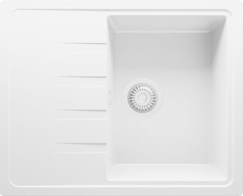 PRIMAGRAN Evier Cuisine en Granit Tout Blanc 62x50cm, Lavabo 1 bac + Kit de Vidage, Évier à Encastrer au Meuble 40cm - Milan S007