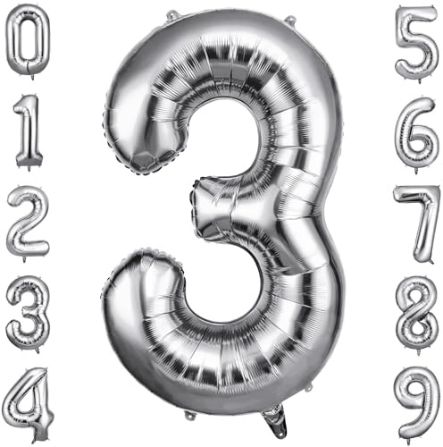 OFFCUP Palloncino Numero 3 Argento Gigante 40 Pollici Foil per Compleanno | Gonfiabile ad elio, circa 100 cm, in alluminio foil, decorazione per feste compleanno matrimonio anniversario baby shower