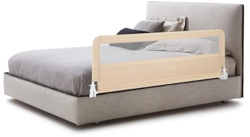 GOPLUS Barrera de Cama de 150 cm para Niños, Barandilla de Cama Abatible con Funda Extraíble y Correa para Cuna, Valla Seguridad para Infantil(Beige)