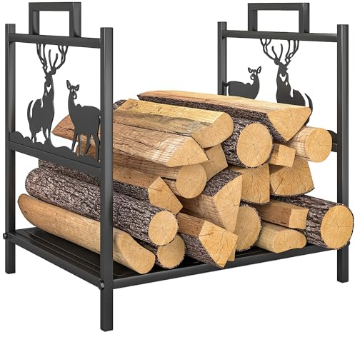Outsunny Kaminholzregal für innen 42,5 x 33,5 x 43 cm Brennholzregal mit Rentierdesign, Kaminholzständer für Kamin Ofen Feuerholzregal Kaminholzhalter für Feuerholz, Brennholz aus Metall Schwarz