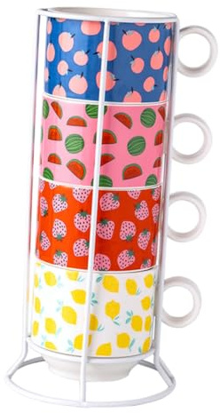 MUELODSIC Set De 4 Mugs En Céramique Empilables 200ml, Tasses à Boire En Porcelaine, Design Compact Cuisine, Rangement Facile Pour Maison Et Bureau