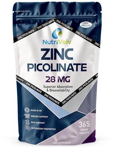 Zinc Picolinate 28mg | 365 Tablets | 1 Year Supply | One A Day | Max Absorption & Bioavailability | Immune Function, Fertility & Healthy Bones, Vision, Hair, Nails, Skin | Vegan UK Made | by NutriVolv