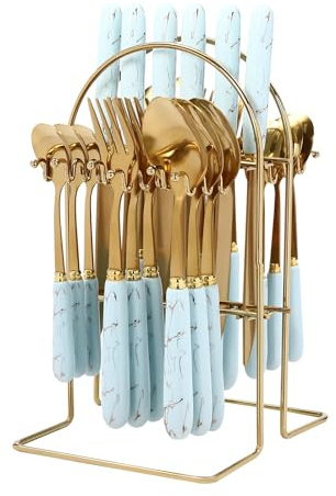 24PCS Cutlery Set with Stand, Stainless Flatware for 6 (Blue-A) | Includes Knives Forks Spoons Teaspoons, 6-Person Cutlery Kit with Ceramic Handle, for Family/Restaurant