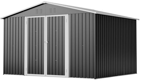 Gxffipw Gartenhaus Metall Geräteschuppen 300x252x191 cm mit Klapptür, Gerätehaus Gartenschuppen mit Satteldach und Stauraum, Gartenhütte Fahrradschuppen für Gartengeräte, Schwarz
