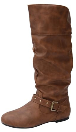 Botas de Media para Mujer con Tacón Bajo Cuadrado y Hebilla Decorativa para un Estilo Casual y Versátil (Brown, 43)