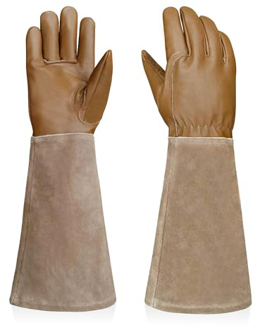 Intra-FIT Gartenhandschuhe aus Leder,Dornenfeste Lange Rosenhandschuhe mit Ziegenleder-Handfläche und Rindleder-Stulpe für Garten, Rosen, Sträucher & Obstbäume(Braun,L)