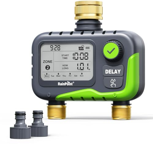 RAINPOINT Bewässerungscomputer mit 2 Ausgängen, großes All-in-One LCD-Display, 2-Zonen Zeitschaltuhr, Dual-DC-Anschlüsse für Regensensor & Solarpanel, Regenverzögerung, IP65 wasserdicht