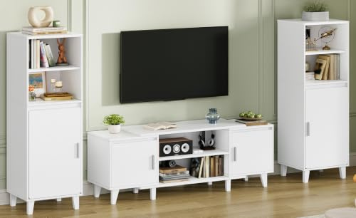 Hzuaneri Wohnwand, 3-teiliges TV Möbel Set, Weiß | Mit 1 TV-Lowboard und 2 Freistehenden Schränken, Modernes Mediamöbel Set mit Großem Stauraum für Wohnzimmer, TV00103W