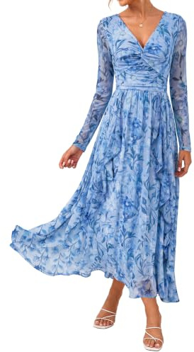 GRACE KARIN Women Dresses Long Sleeve V Neck Floral Dress Party Wedding | Hits above ankle,Semi-see-through long sleeves,V-Neck,Soft & comfortable mesh fabric,Moderately Stretchy
