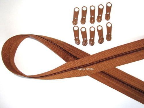 10m Reißverschluss endlos, Spirale 3mm + 30 Schieber/Zipper 33 Farben, Meterware (mittelbraun)