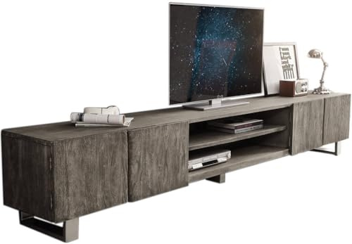 DELIFE Fernsehtisch Live-Edge Akazie Platin 300 cm 4 Türen 2 Fächer | Baumkante Lowboard
