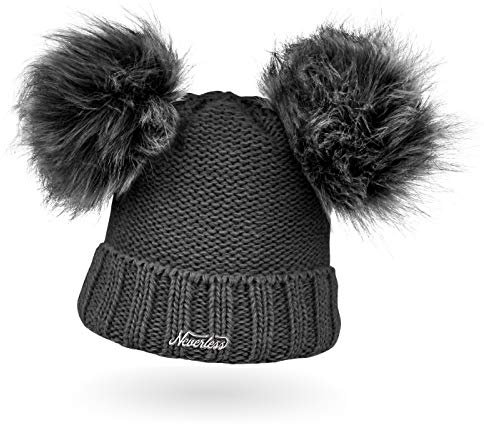 Neverless® gefütterte Damen Strickmütze mit Doppel-Fell-Bommel und Fleece Futter, Winter-Mütze, Bommelmütze dunkelgrau