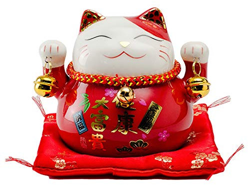Mkuha Maneki Neko Glückskatze Glücksbringer Spardose aus Porzellan L12*W9*H10cm,Rot