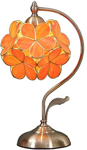 Bieye L30753 Tiffany Style Stained Glass Flower Petal Table Lamp with Brass Base for Home Décor (Orange, 8 Cherry Blossom)