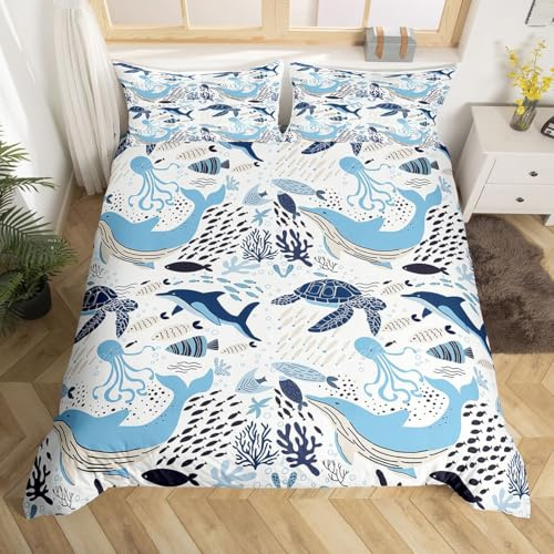 Erosebridal Turtle Bedding Sets Full White Blue Whale Decor Teen Duvet Cover Set,Octopus Pattern Ocean Theme Comforter Cover Set Underwater Children Comforter Cover for Adult Kids Girls Boys