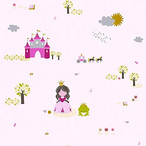 Prinzessin Tapete in Rosa Pink | Froschkönig Vliestapete mit Märchen Muster ideal für Kinderzimmer von Mädchen | Vlies Kindertapete für Mädchenzimmer